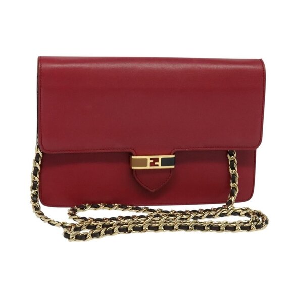 FENDI Chain Shoulder Bag Leather Red Gold Auth 125939 - Picture 1 of 16